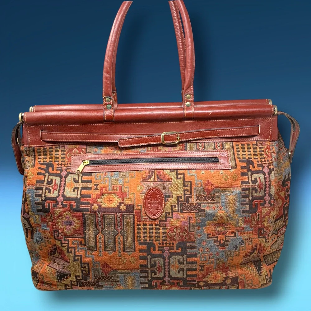 Vintage Southwestern Tapestry Carpet Bag Leather Trim Weekender Tote Satchel